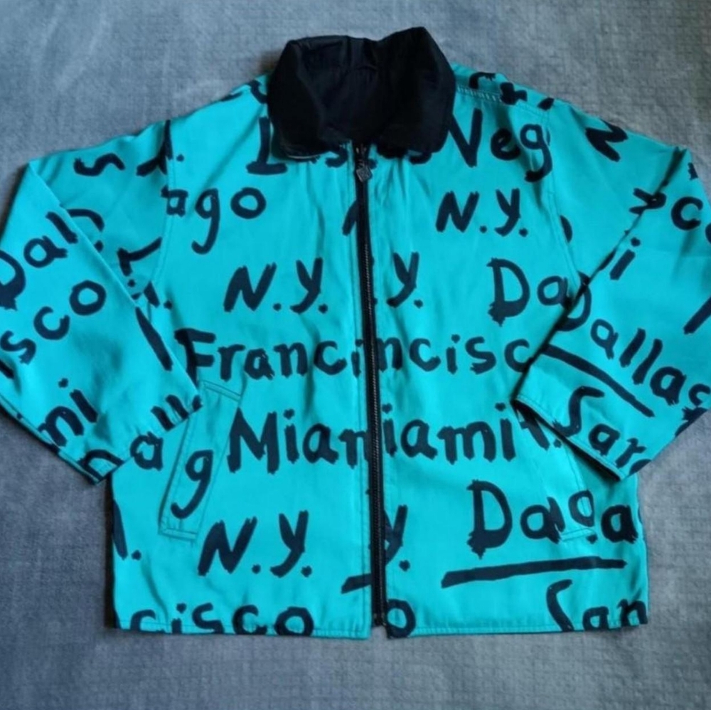 Vintage Reversible Teal Graphic Print City Jacket, L.A. N.Y. Miami San Francisco - Picture 2 of 7